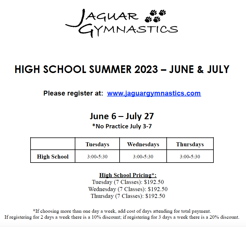 Jaguar Gymnastics High School Summer June & July