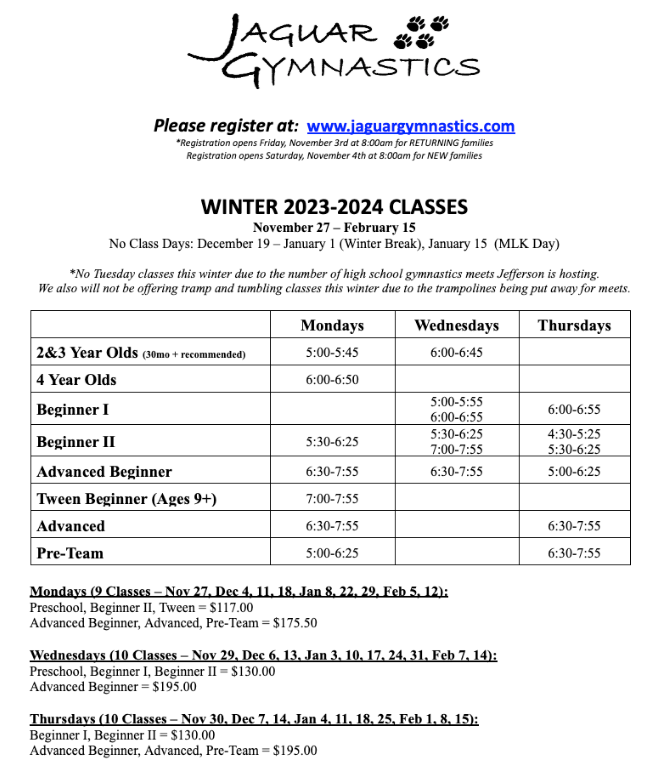 Jaguar Gymnastics Winter 20232024